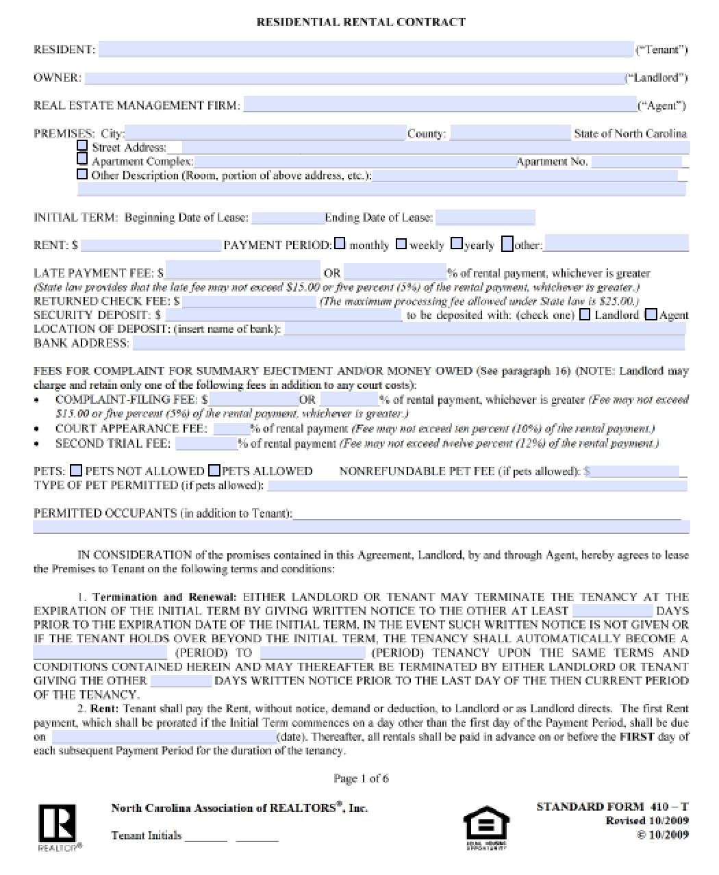 Blank Printable Rental Ageement Nc