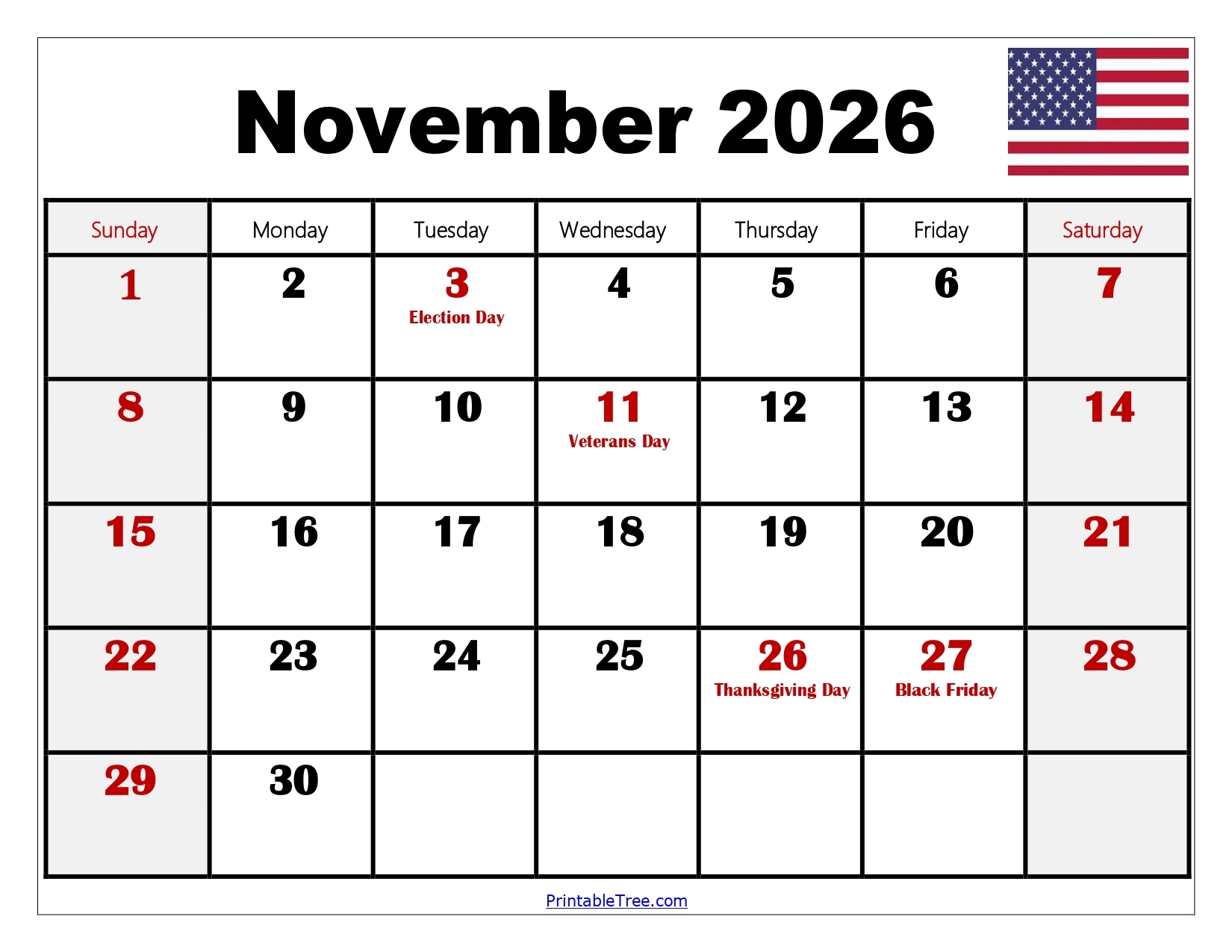 Blank Printable Calendar November 2026