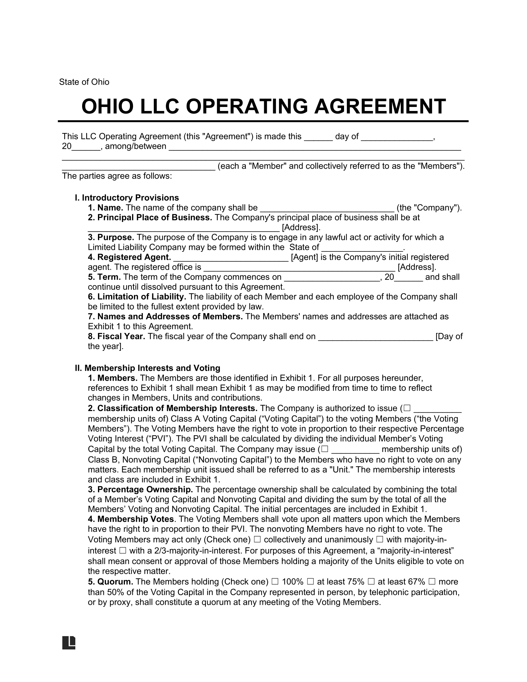Free Ohio LLC Operating Agreement Template PDF amp Word