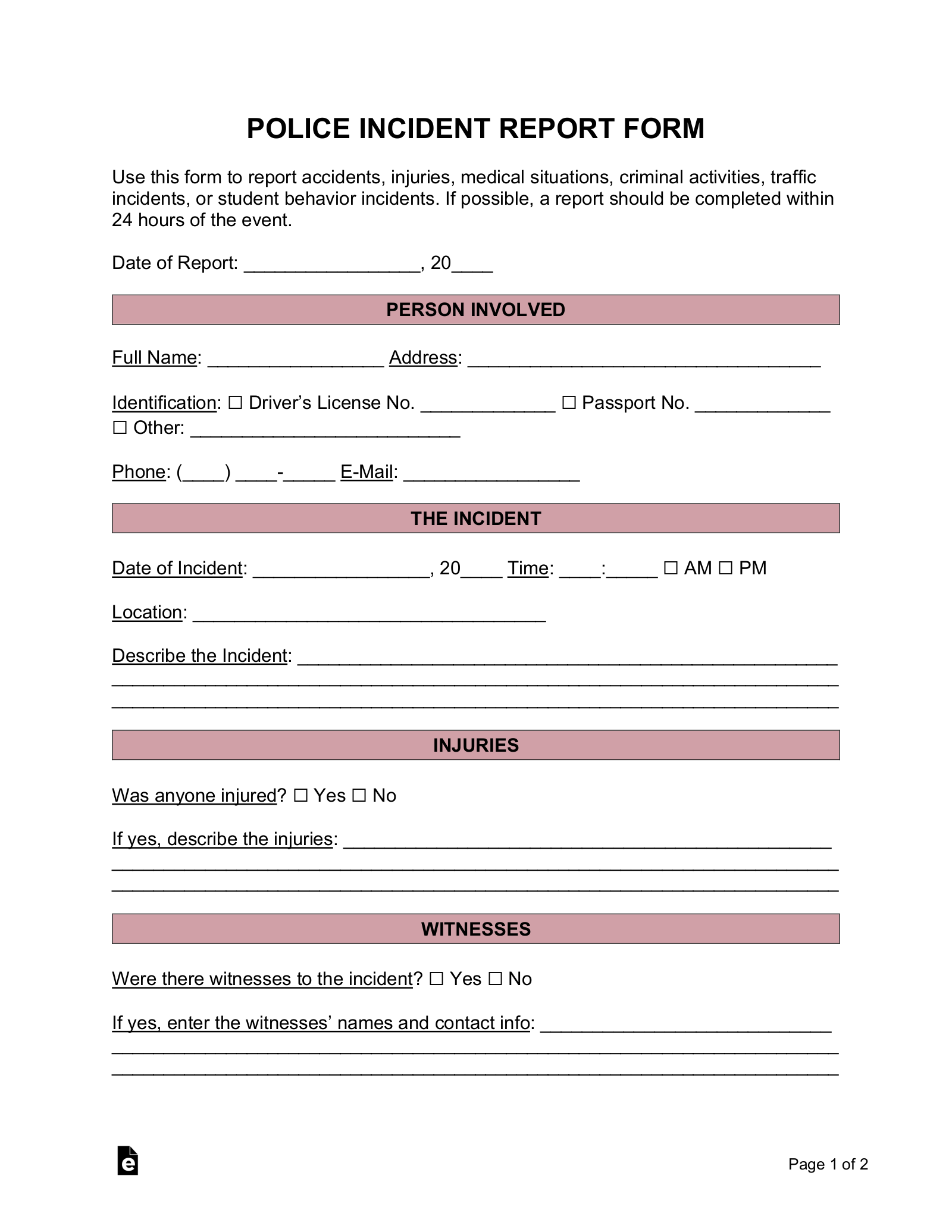 Printable Blank Police Reports