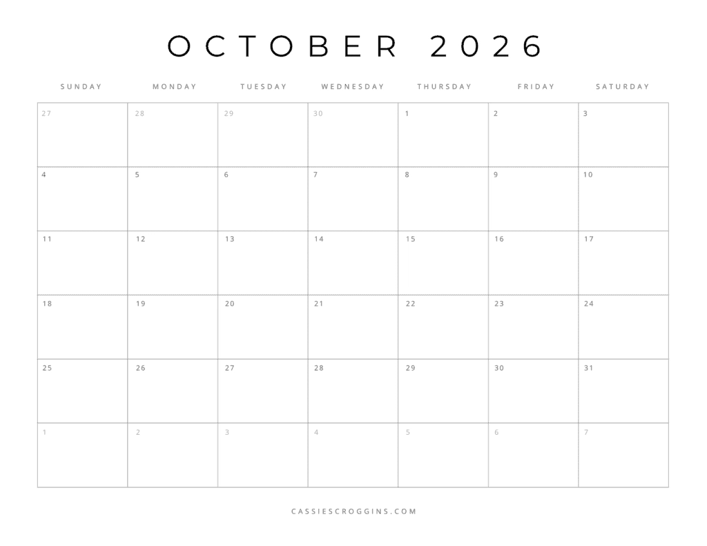 Blank Printable 2026 Monthly Calendar