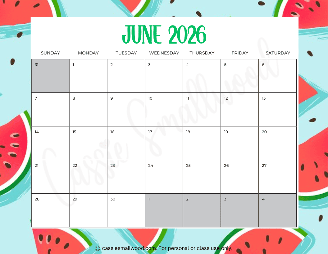 June 2026 Printable Blank Calendar