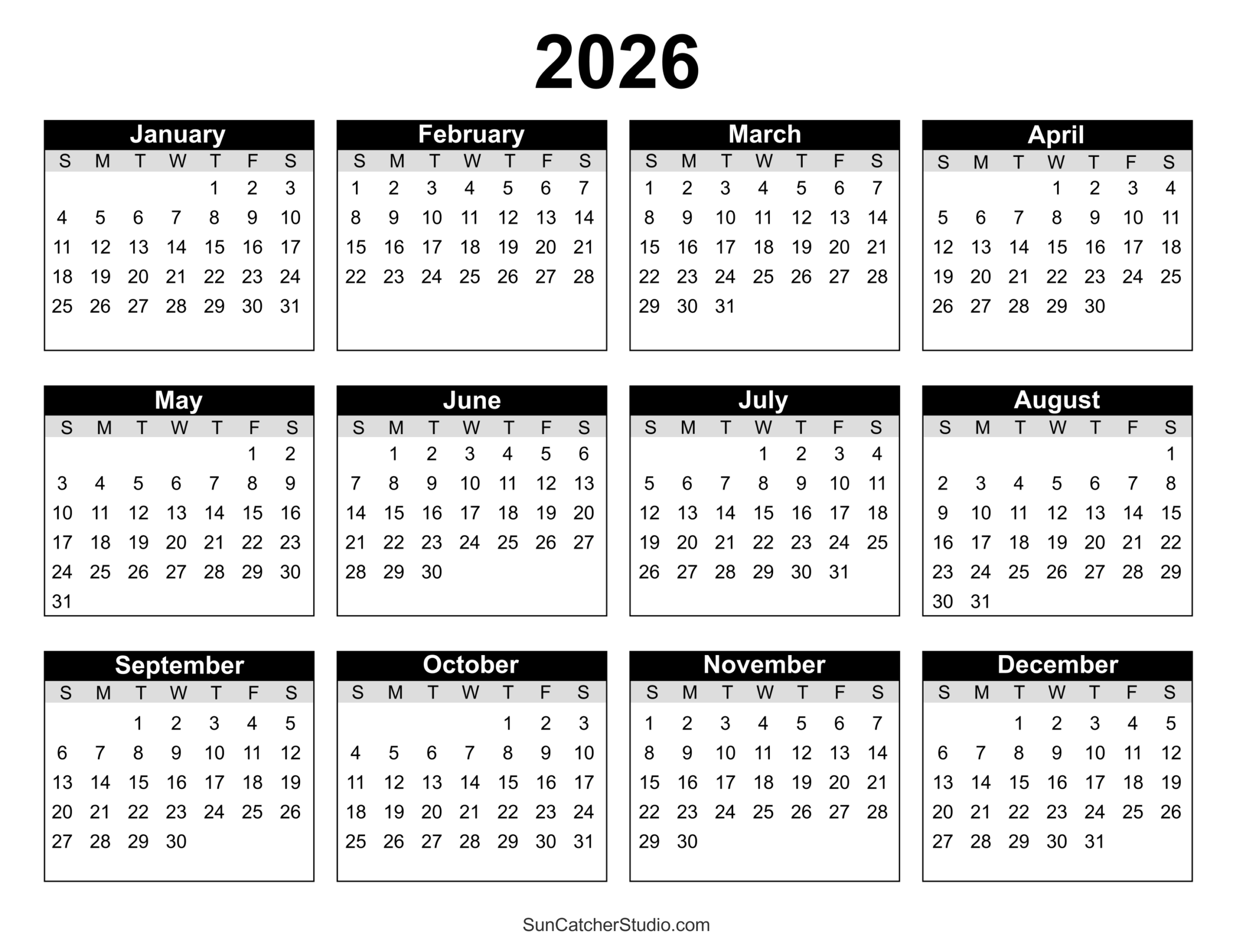 Blank 2026 Printable Calendar
