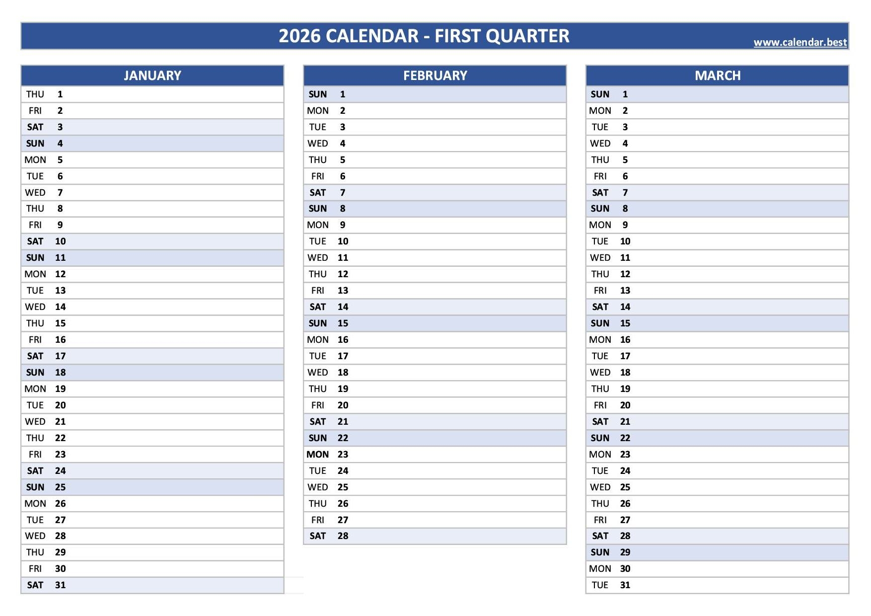 Empty Blank Printable Calendar 2026