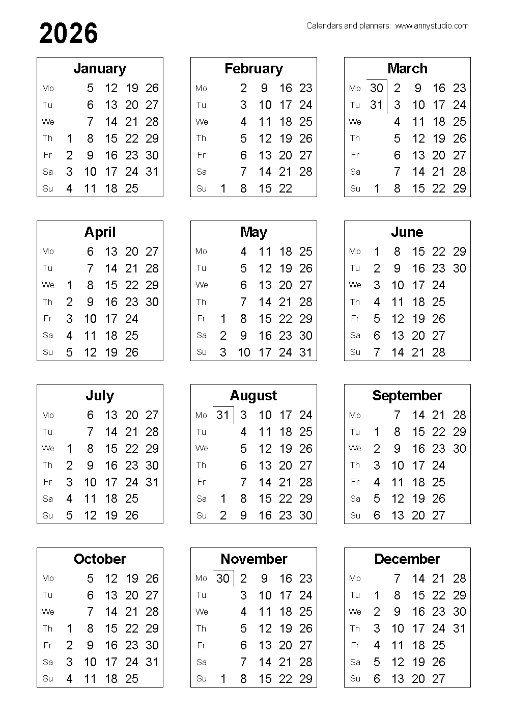 Blank Printable Calendar Start Monday 2026
