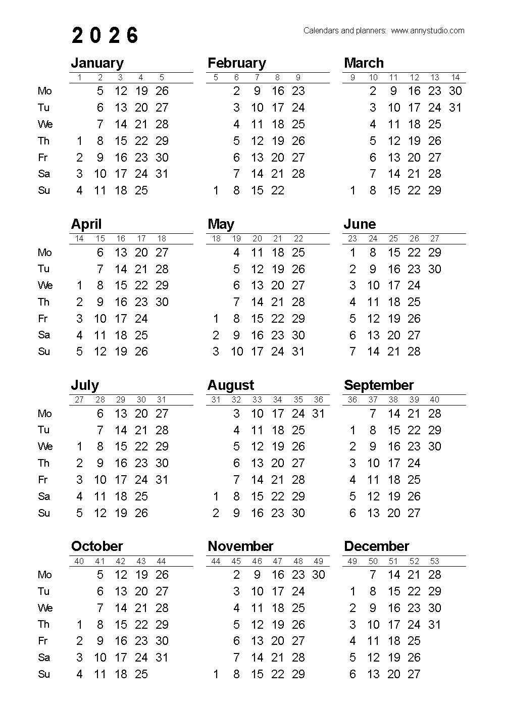 2026-2027 Blank Printable Free Calendar