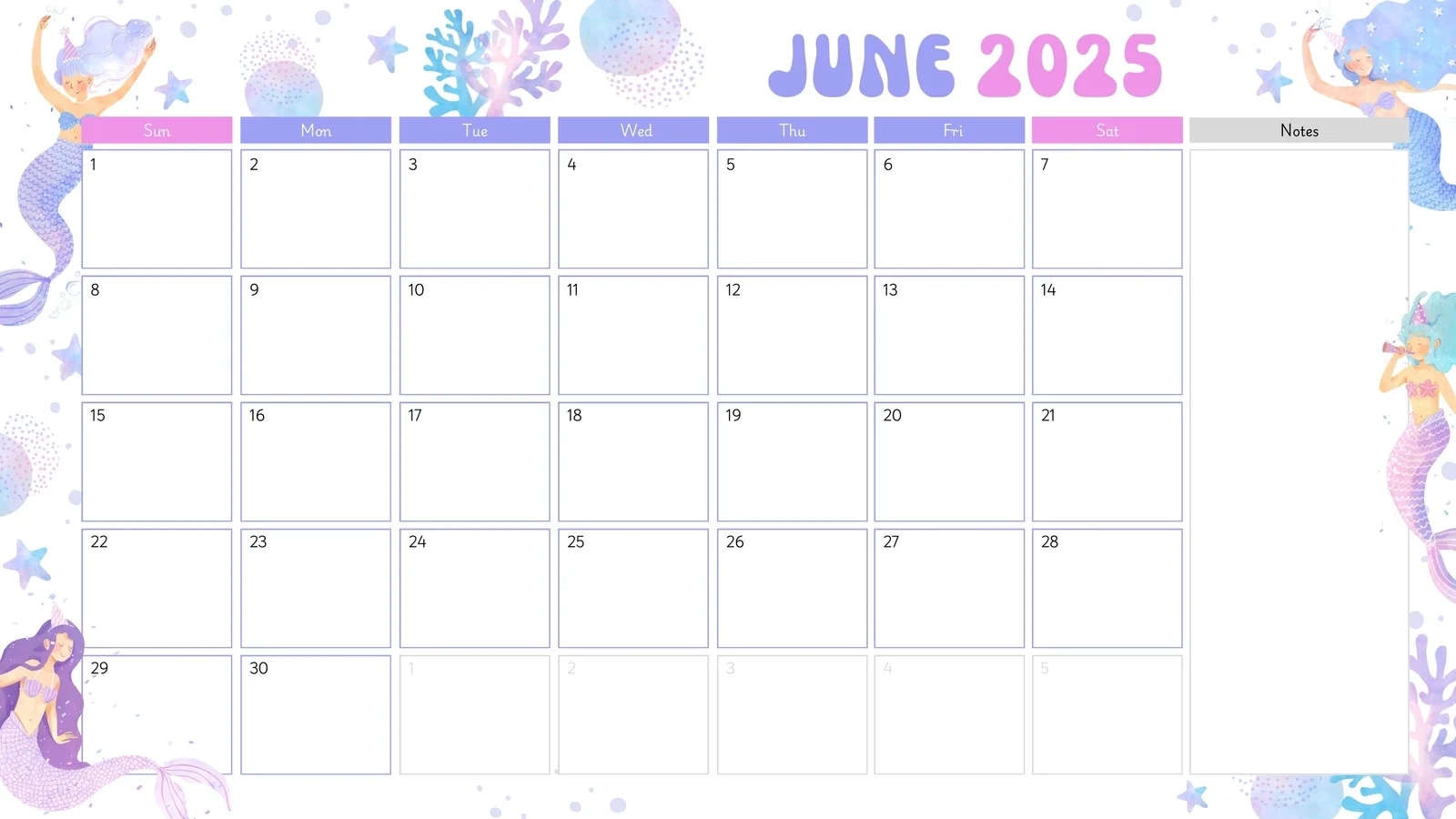 June Clendar Blank Template Printable