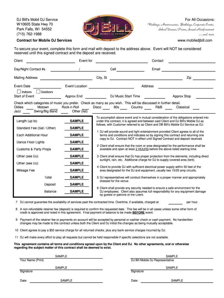 Blank Forms Printable Dj Contract