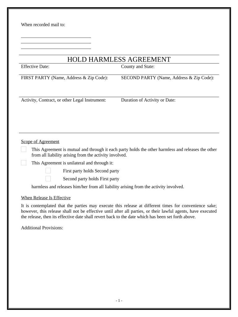 Free Printable Hold Harmless Agreement Fill Out amp Sign Online 
