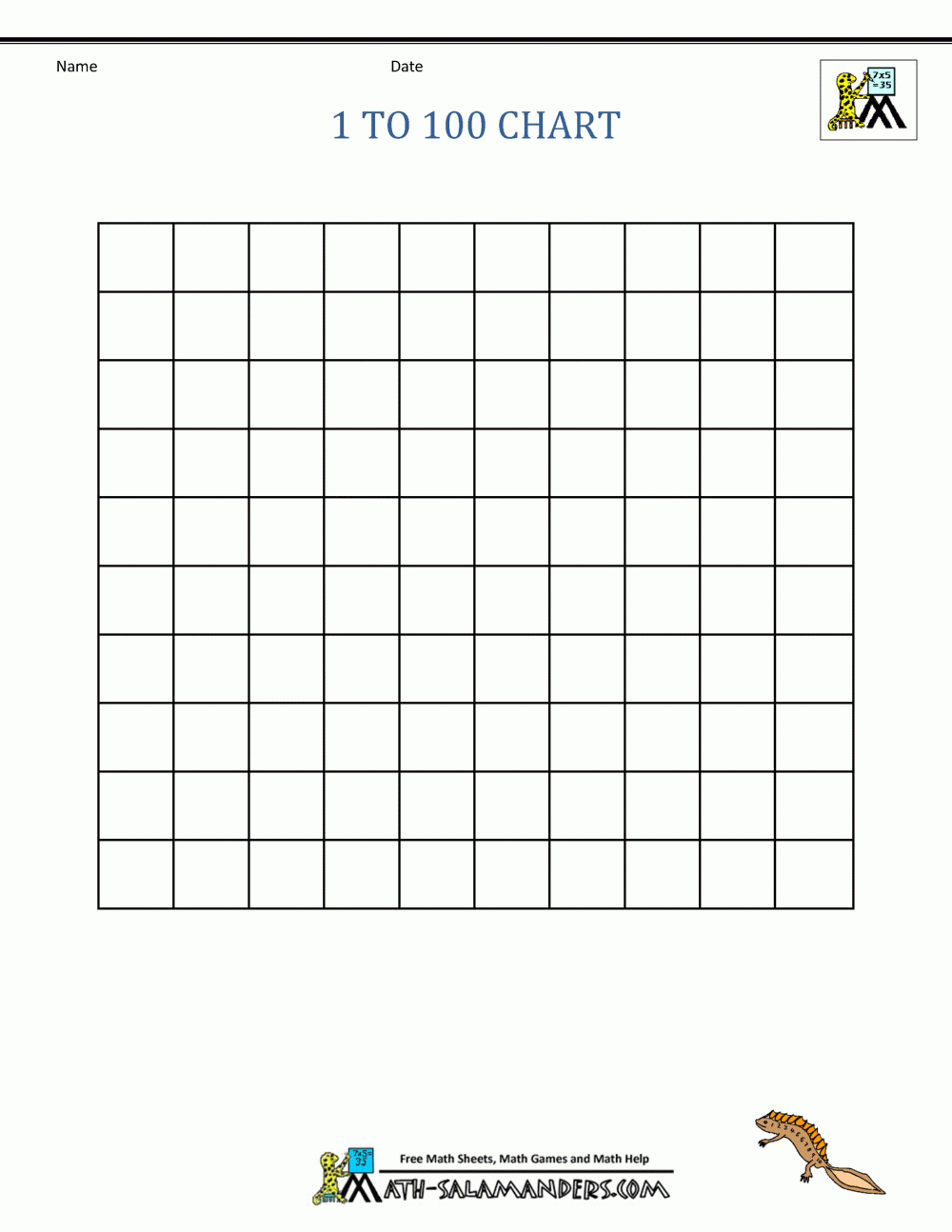 100 Number Chart Printable Blank