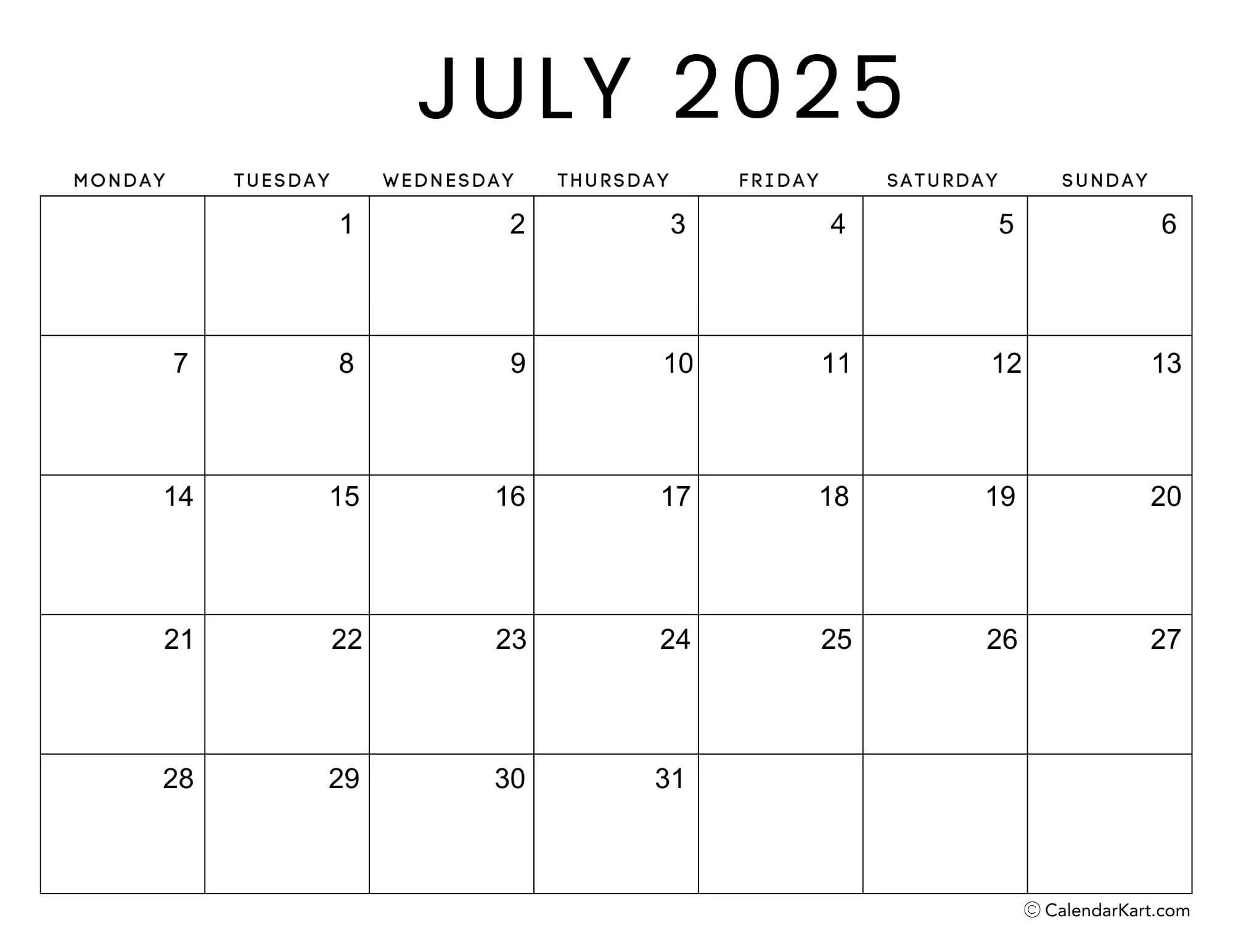 Printable Calendar Blank Starting Monday