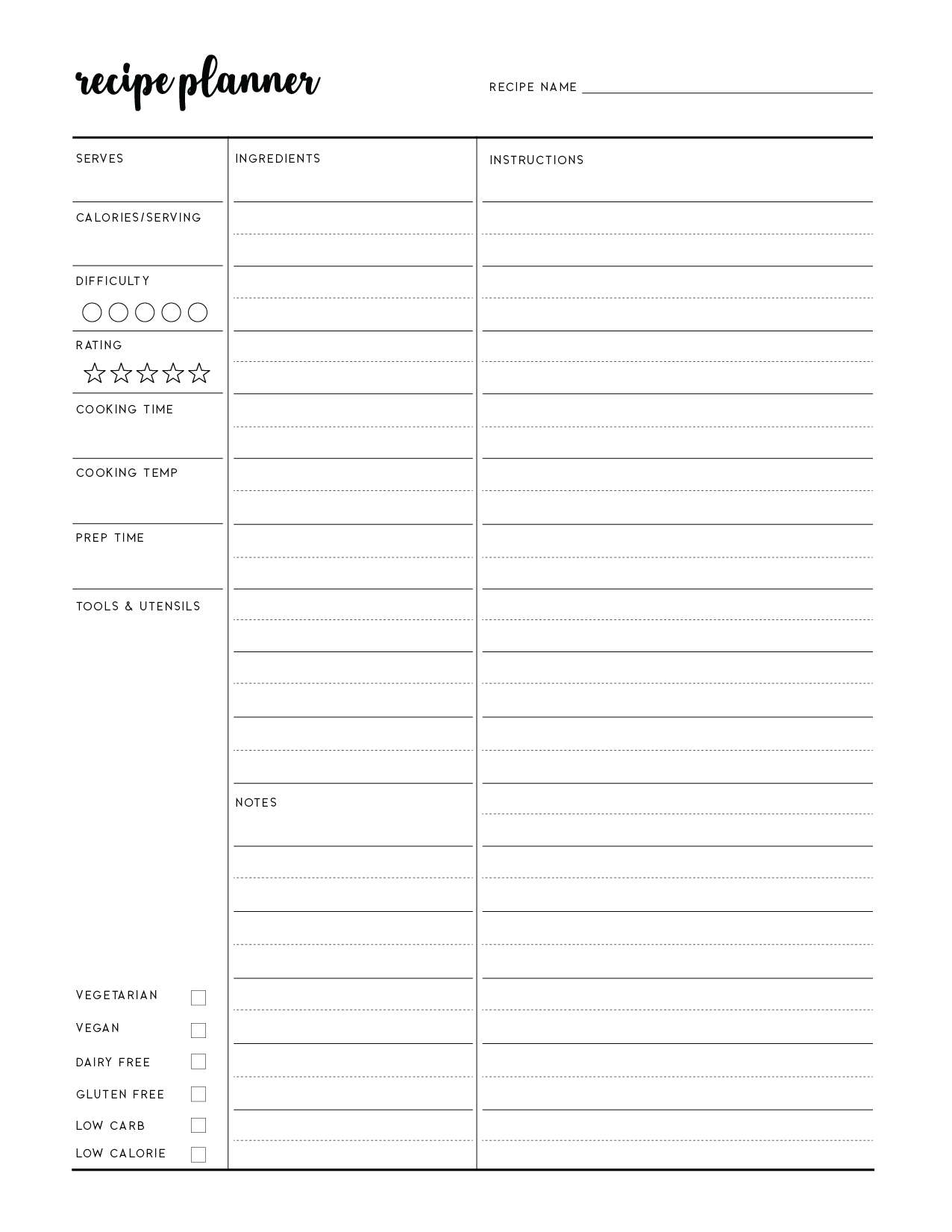 Blank Recipe Template Printable