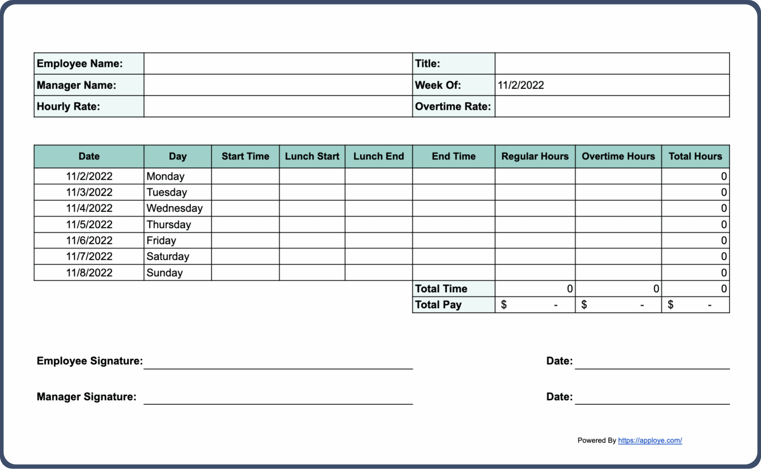 Blank Timesheet Printable
