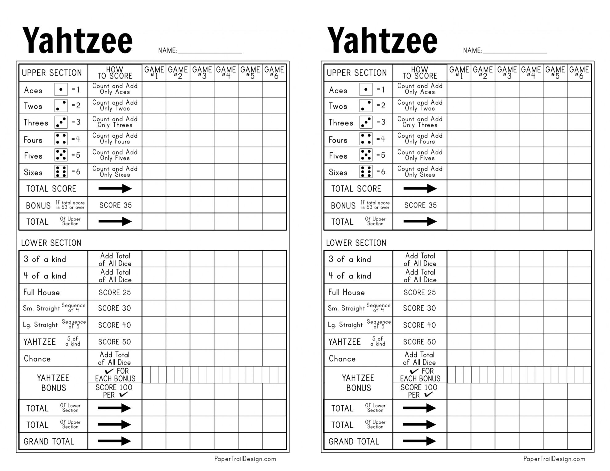 Printable Blank Yahtzee Scoring Sheet