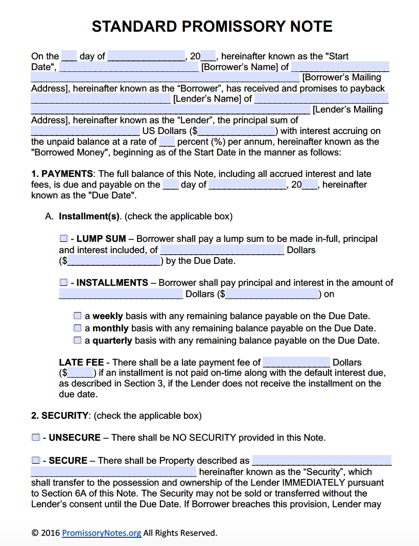 Printable Blank Promissory Note Template
