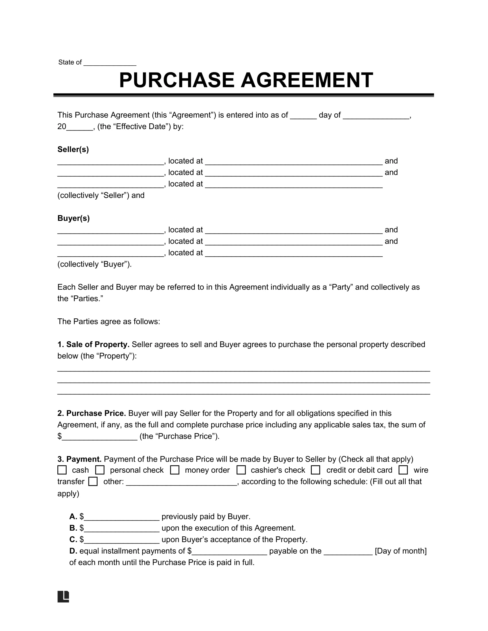 Free Purchase And Sale Agreement Templates PDF amp Word