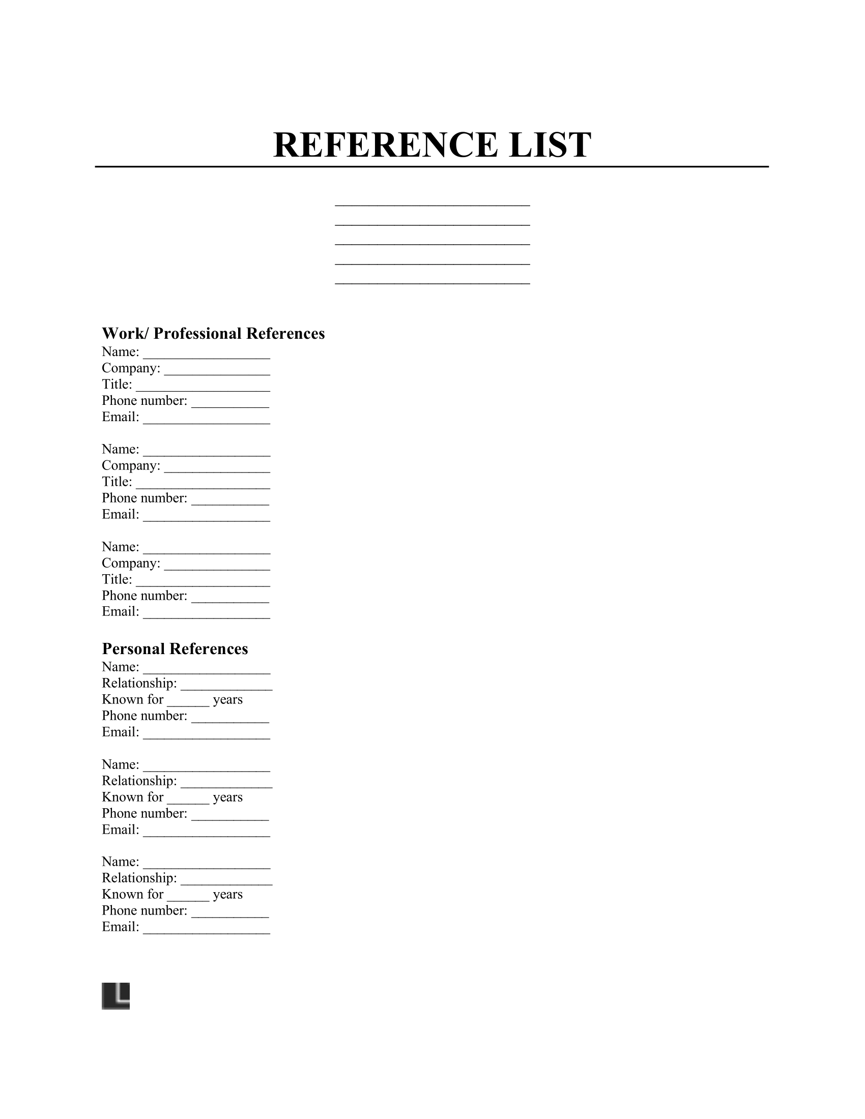 Refrence Sheet Blank Printable