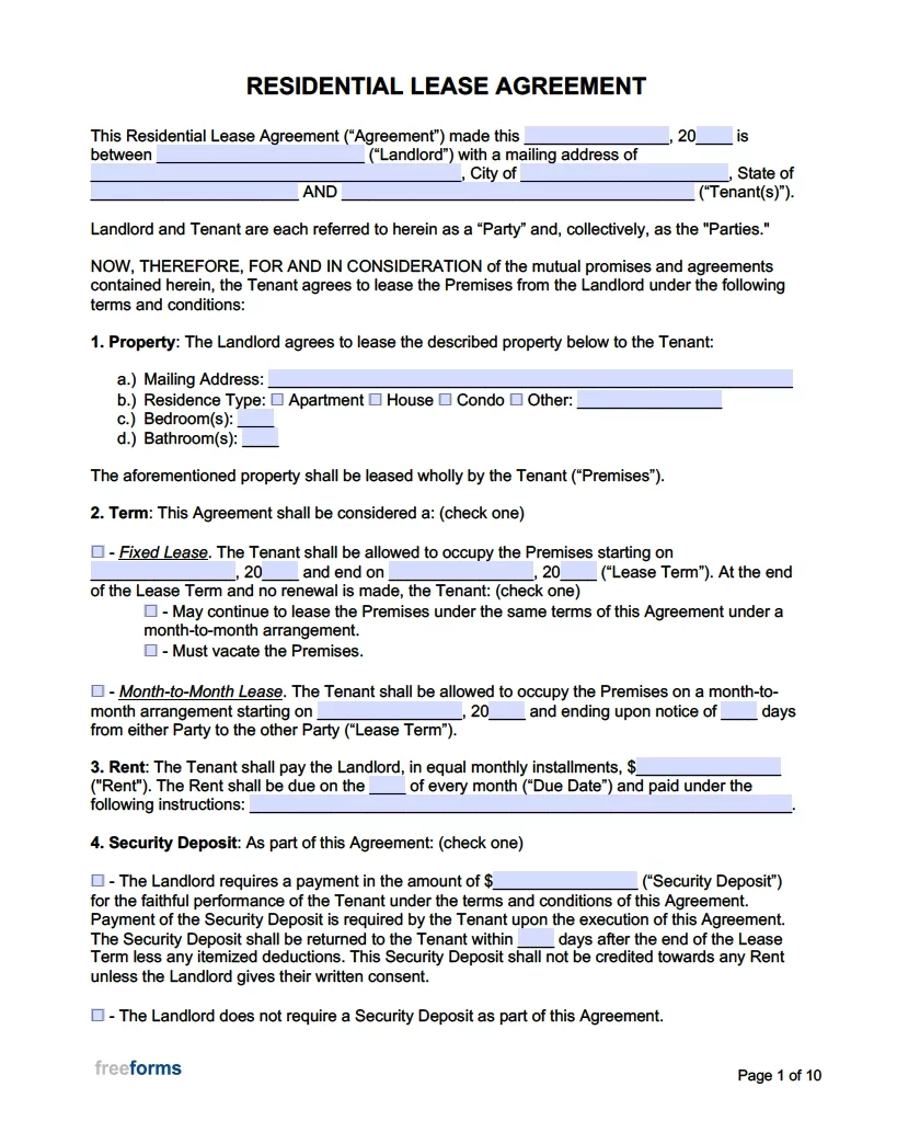 Blank Printable Lease Agreement