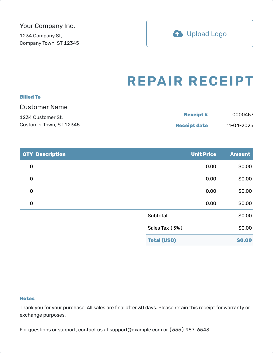 Free Repair Receipt Template Docelf
