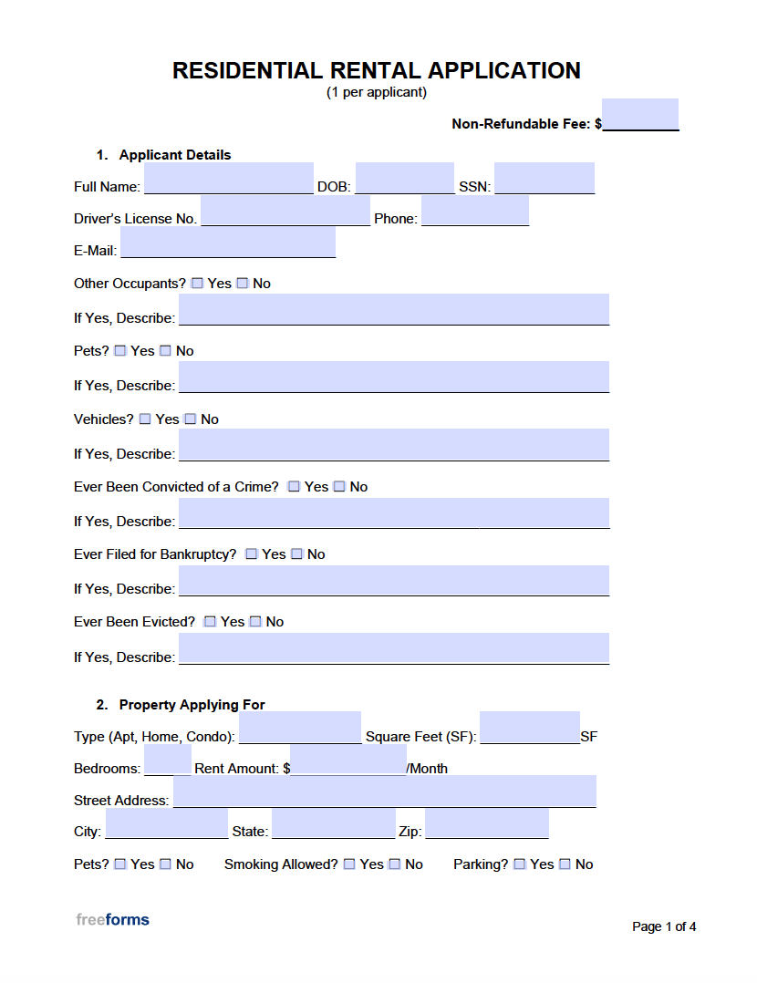 Free Printable Blank Rental Application