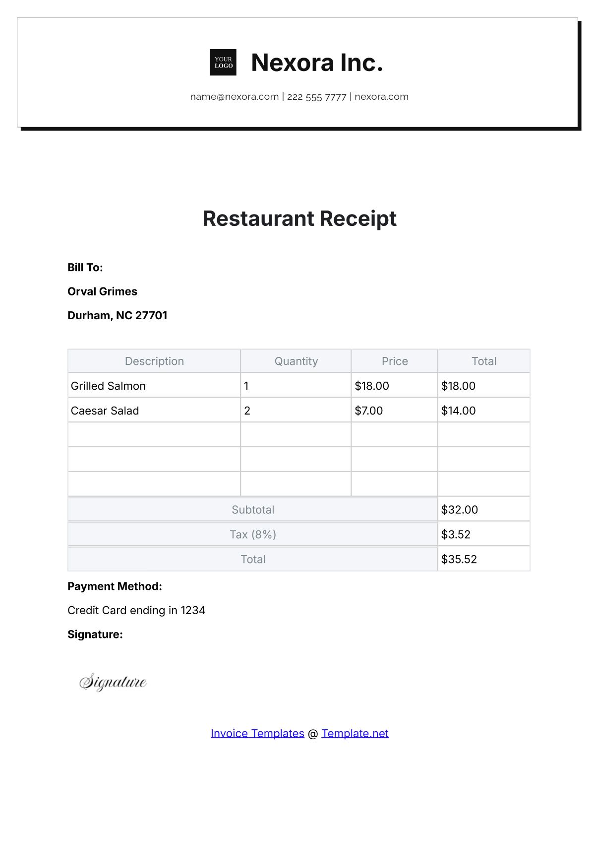 Printable Blank Restaurant Receipt