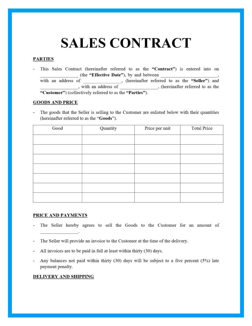 Blank Printable Sales Agreement Form