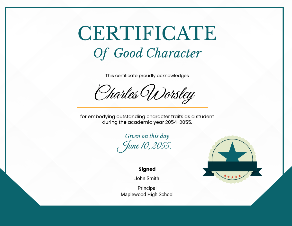 Free School Character Certificate Template To Edit Online
