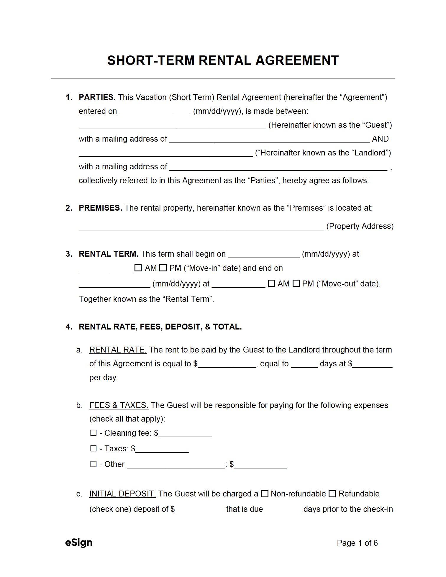 Blank Printable Rental Agreement