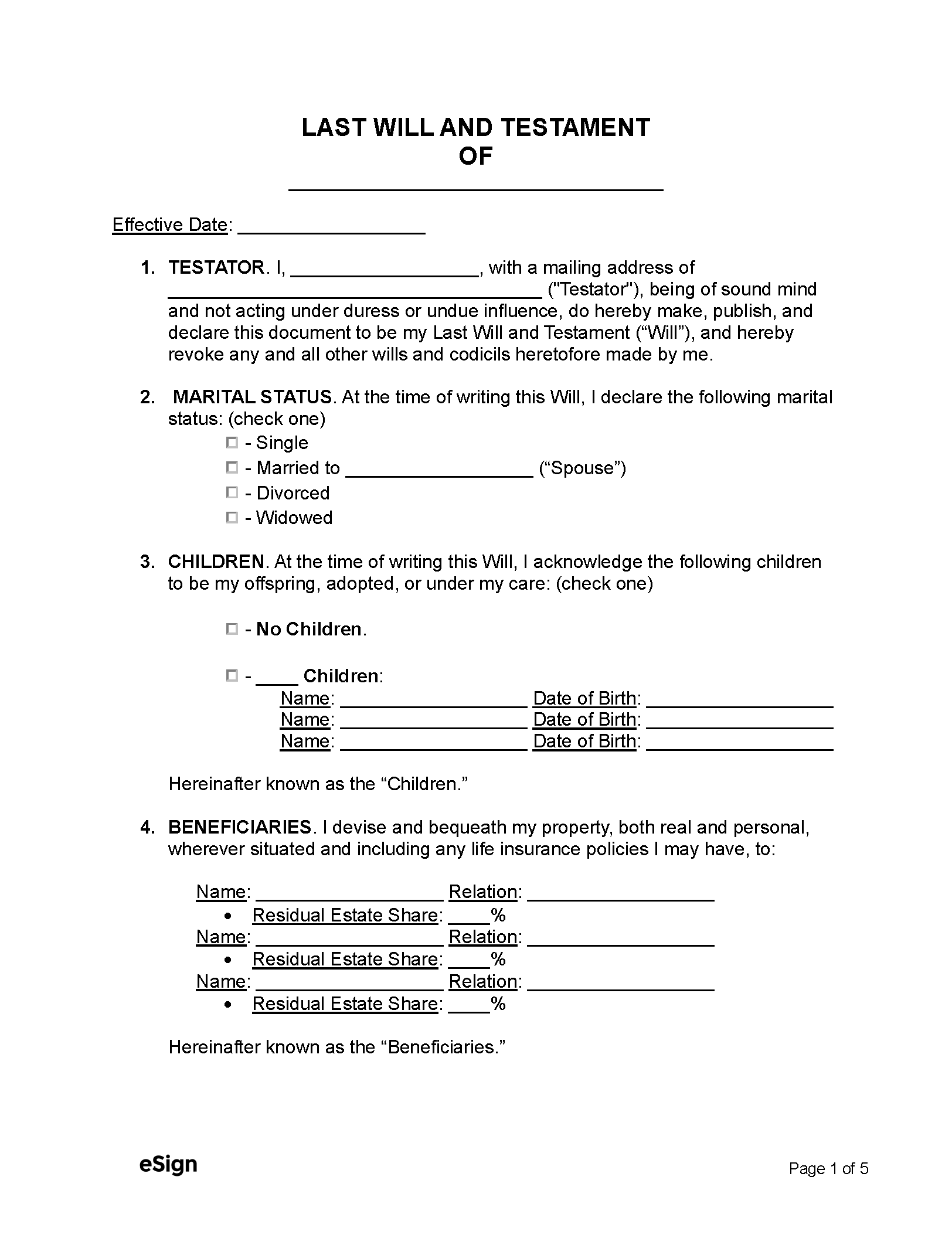 Printable Blank Will Template