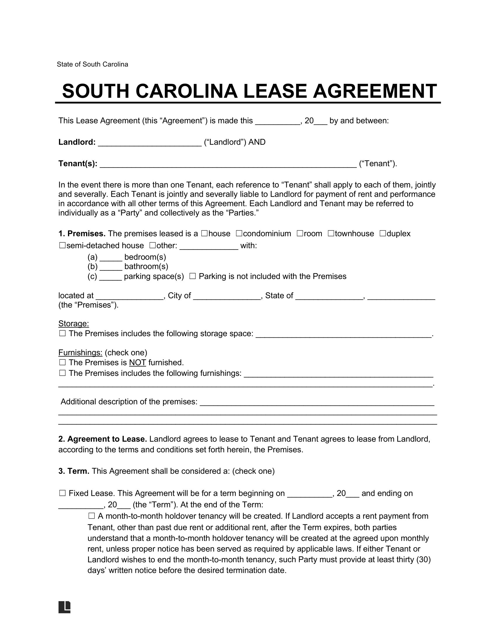 Free South Carolina Lease Agreement Templates 6 PDF amp Word