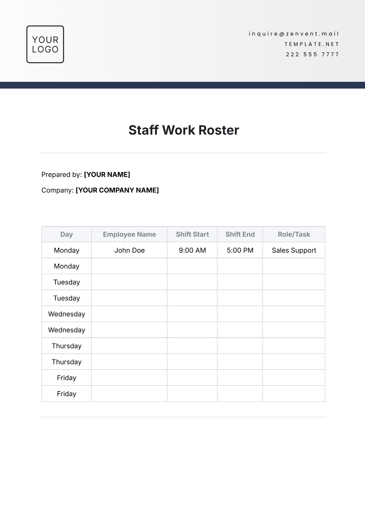 Free Staff Work Roster Template To Edit Online