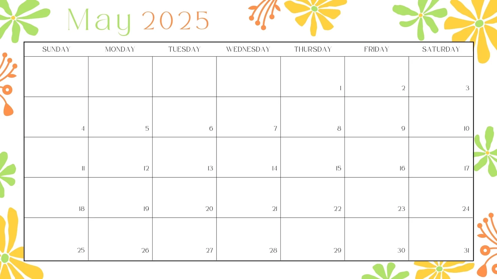 Calendar For May Blank Printable