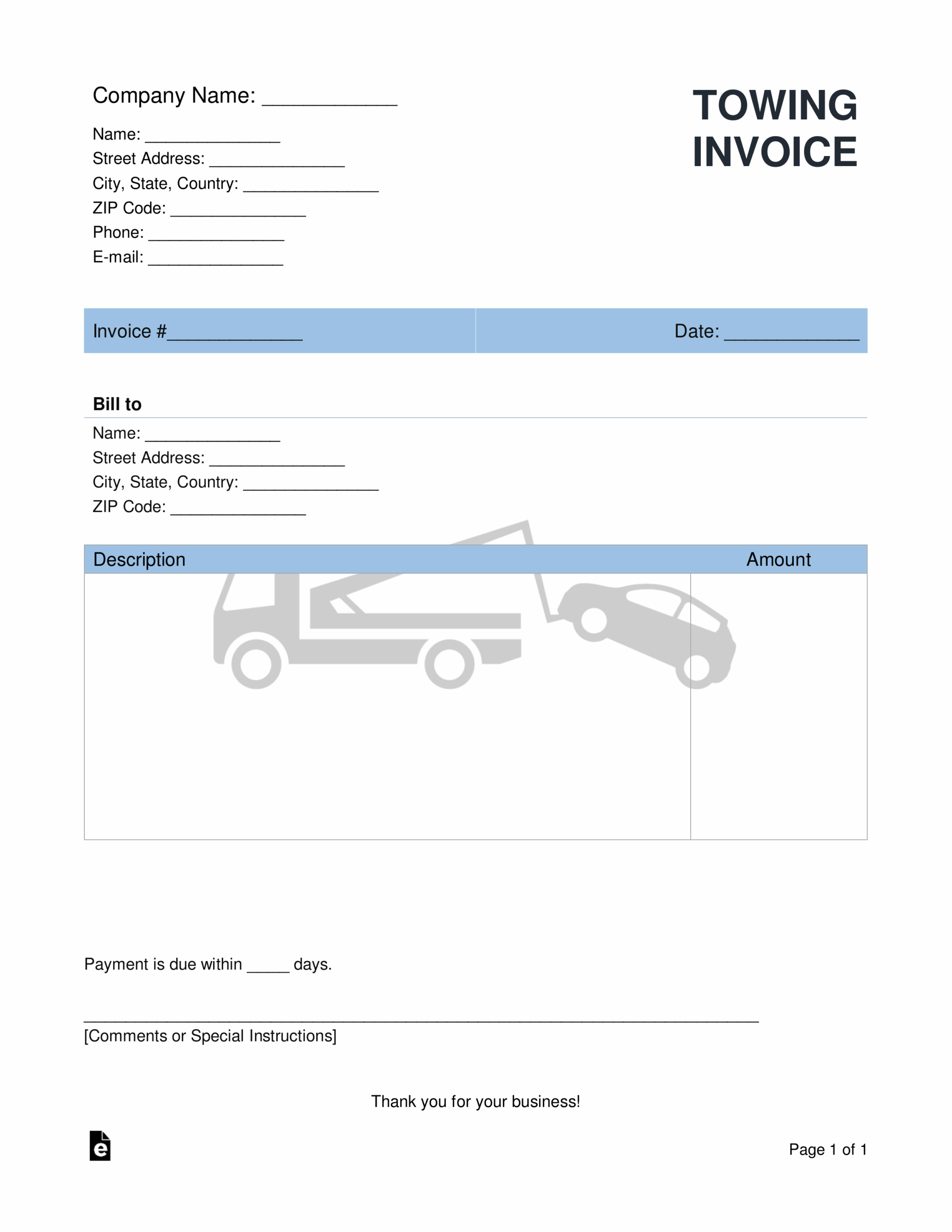 Free Towing Company Invoice Template PDF Word EForms