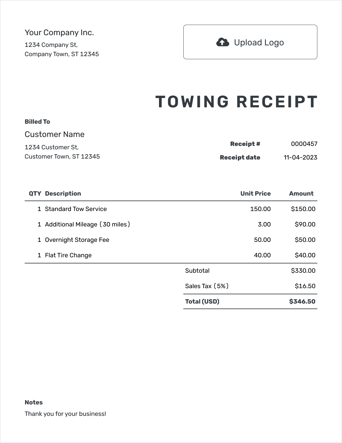 Free Towing Receipt Template Docelf
