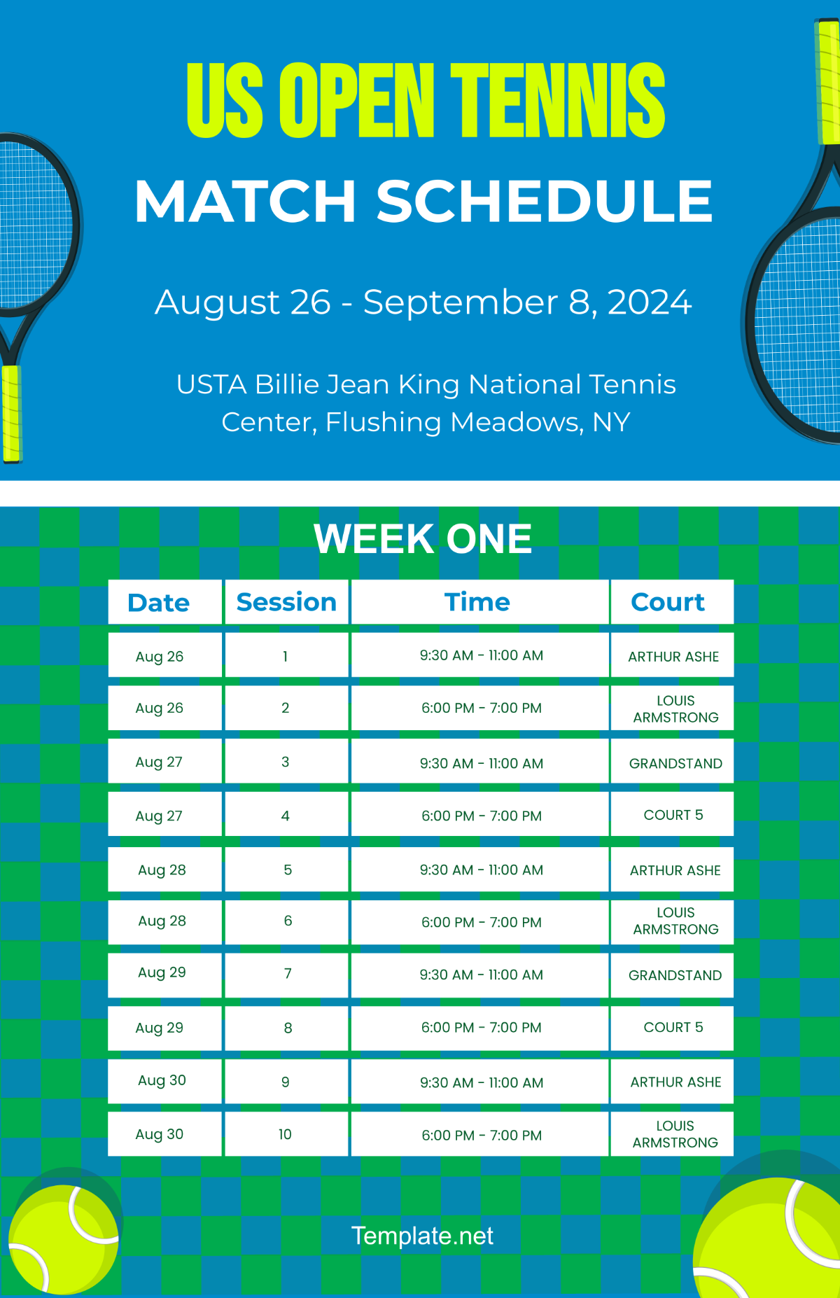 Free US Open Tennis Match Schedule Template To Edit Online