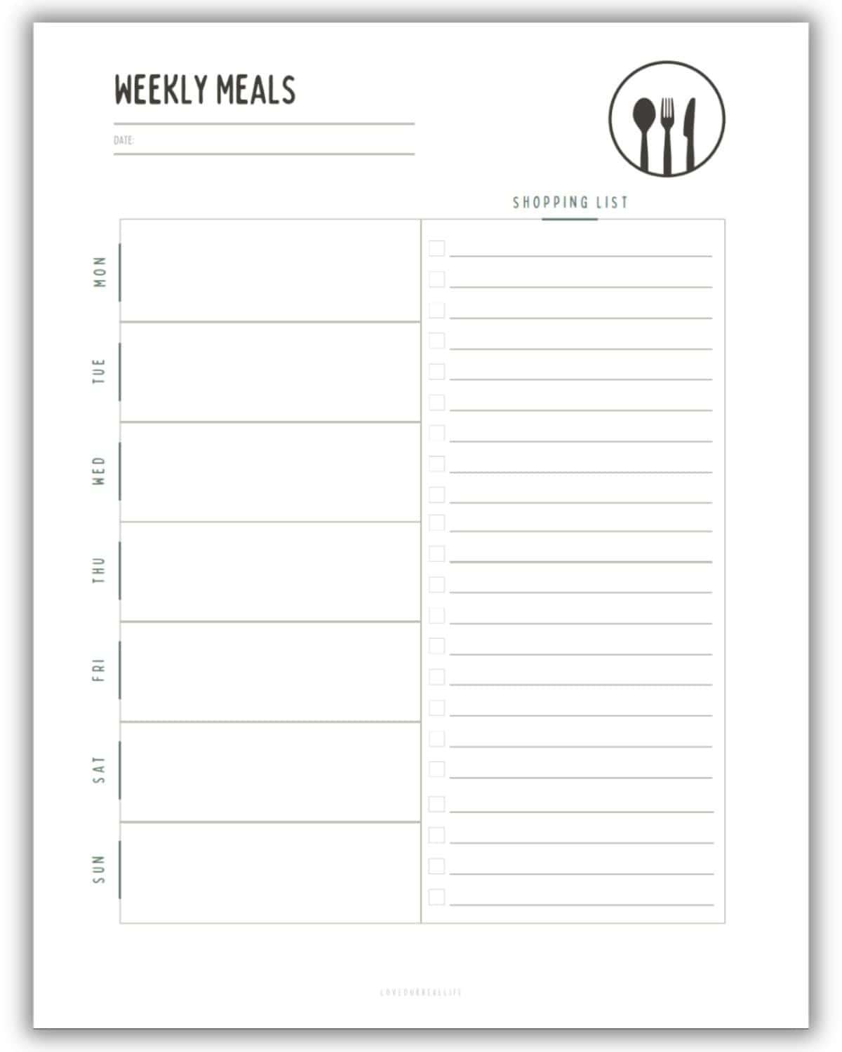 Blank Printable Dinner Emal Plan