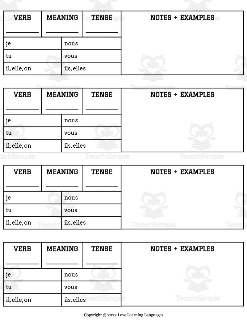 French Conjugation Tables Blank Template