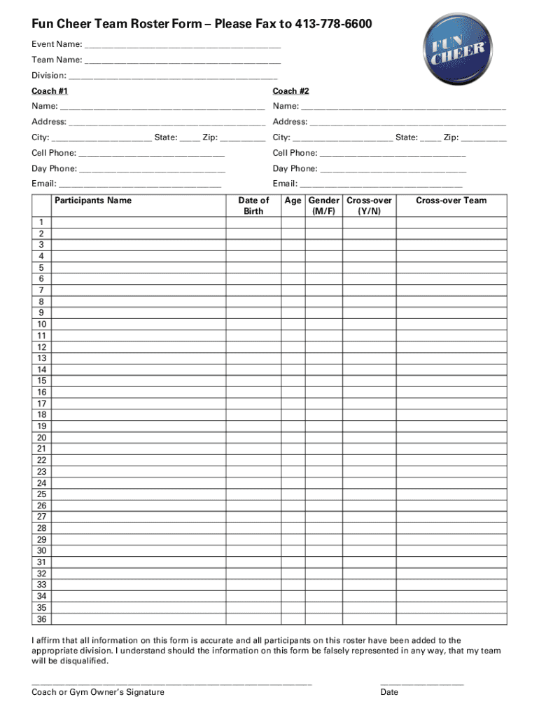 Fun Cheer Team Roster Form Team Roster Form Fill Out amp Sign 