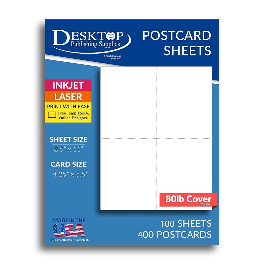 Heavy Blank Postcard Paper For Printing 100 Sheets 400 Postcards White Perforated 4 Per Sheet Thick 36 3 Kg Deck Card Inkjet Laser 