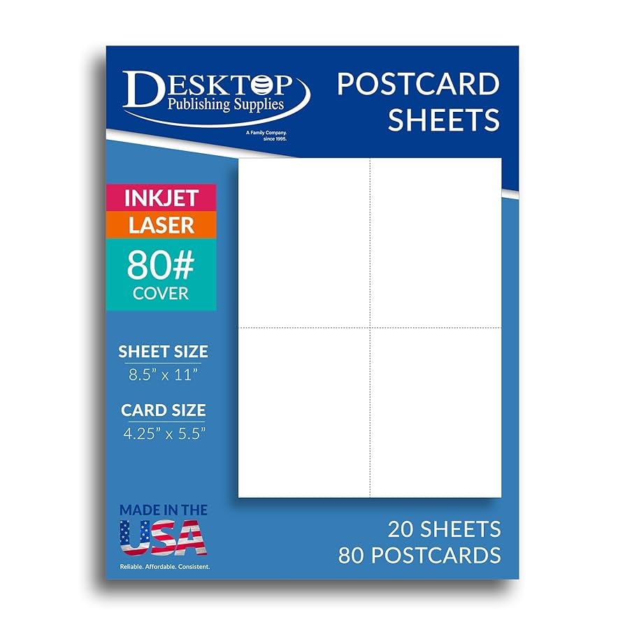 Heavyweight Blank Postcard Paper For Printing 20 Sheets 80 Postcards White Perforated 4 Per Sheet Thick 80lb Cover Card Inkjet Laser Printer 