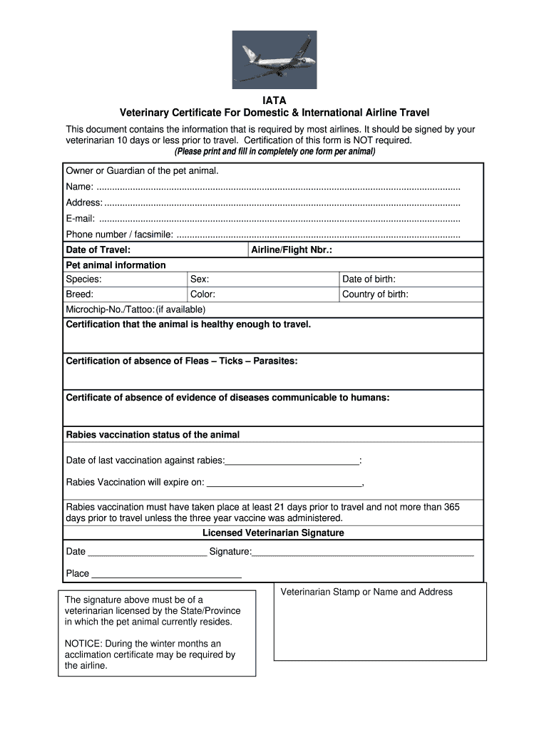 IATA Veterinary Certificate For Domestic International Airline 