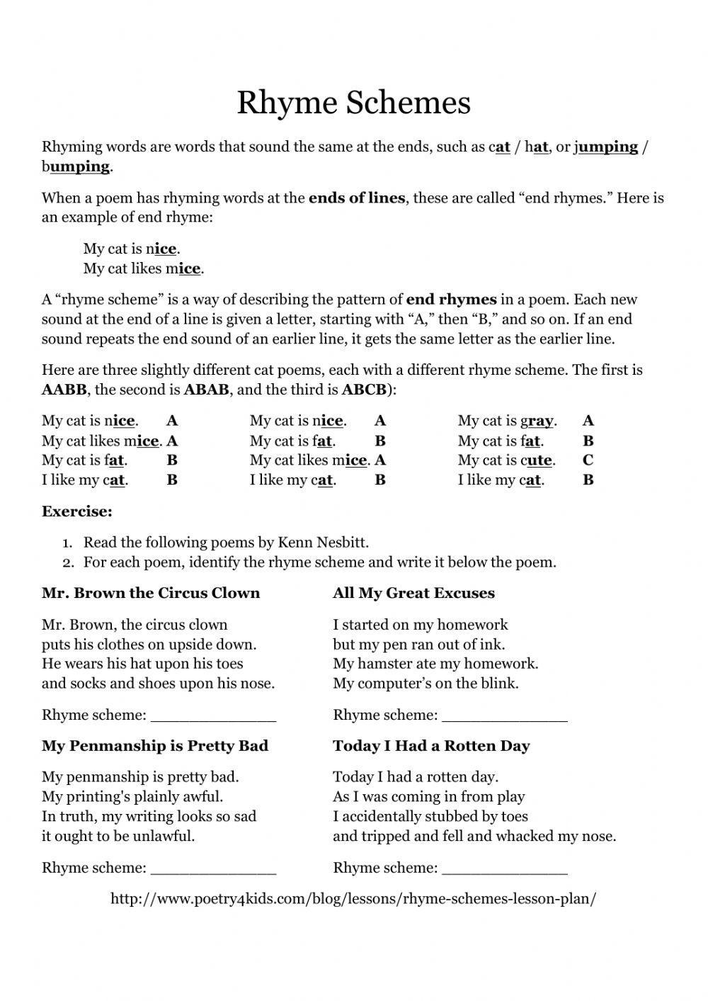 Printable Rhyme Scheme Blank