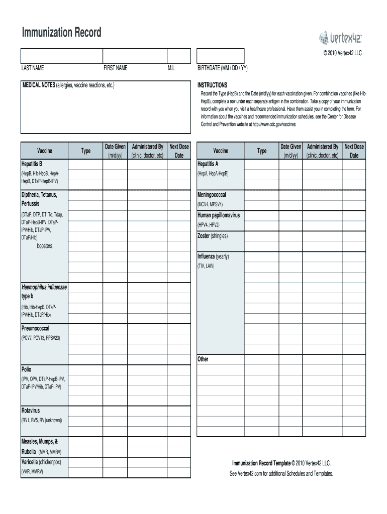 Printable Blank Immunization Record Card