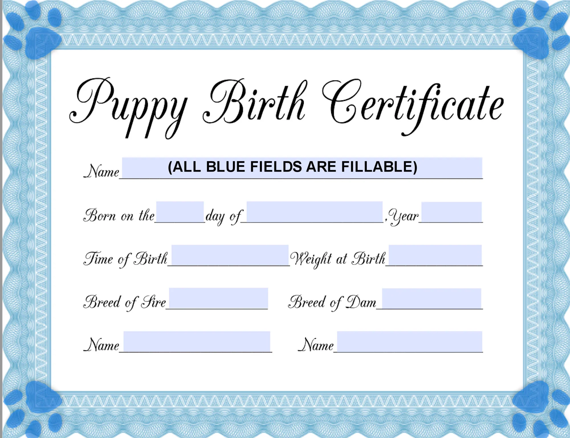 Printable Blank Puppy Birth Certificate
