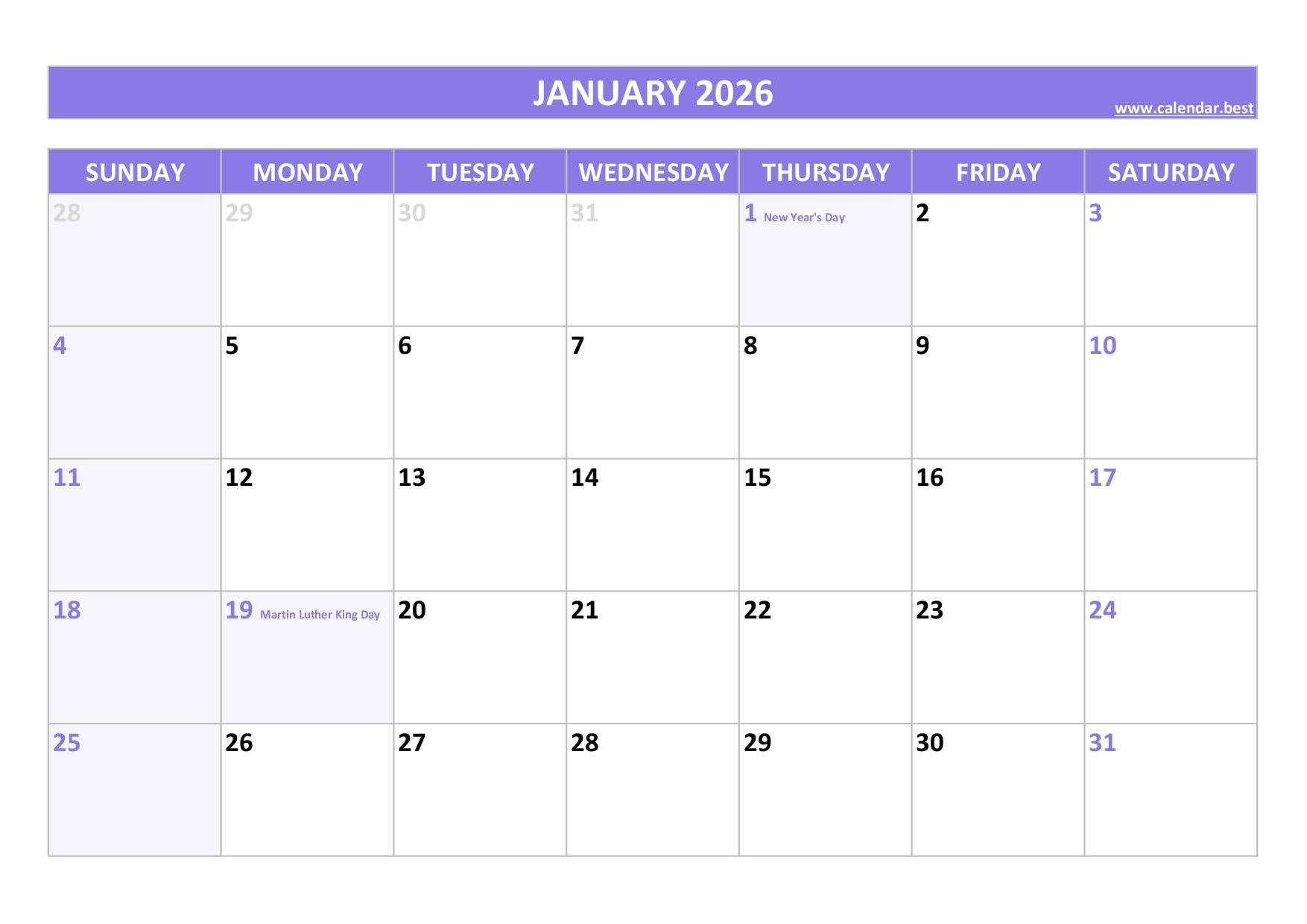 January 2026 Blank Printable Calendar