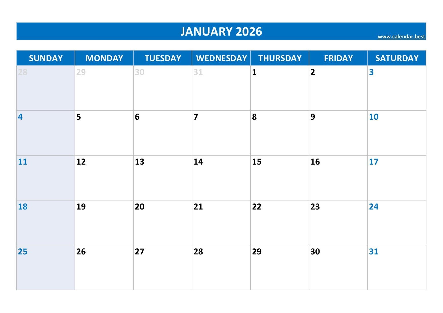 Printable January Blank Calendar 2026