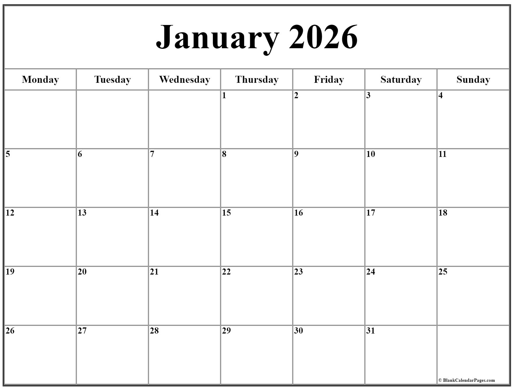 January 2026 Monday Calendar Monday To Sunday