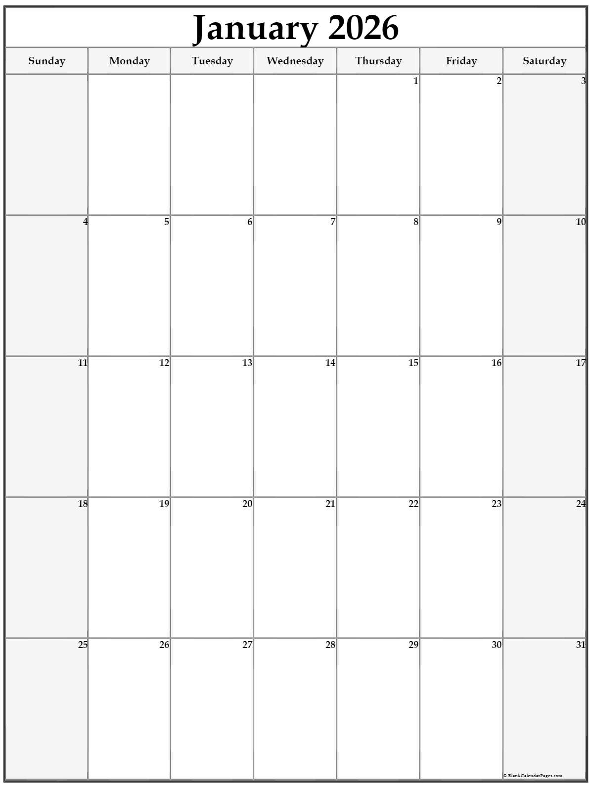 January 2026 Vertical Calendar Portrait