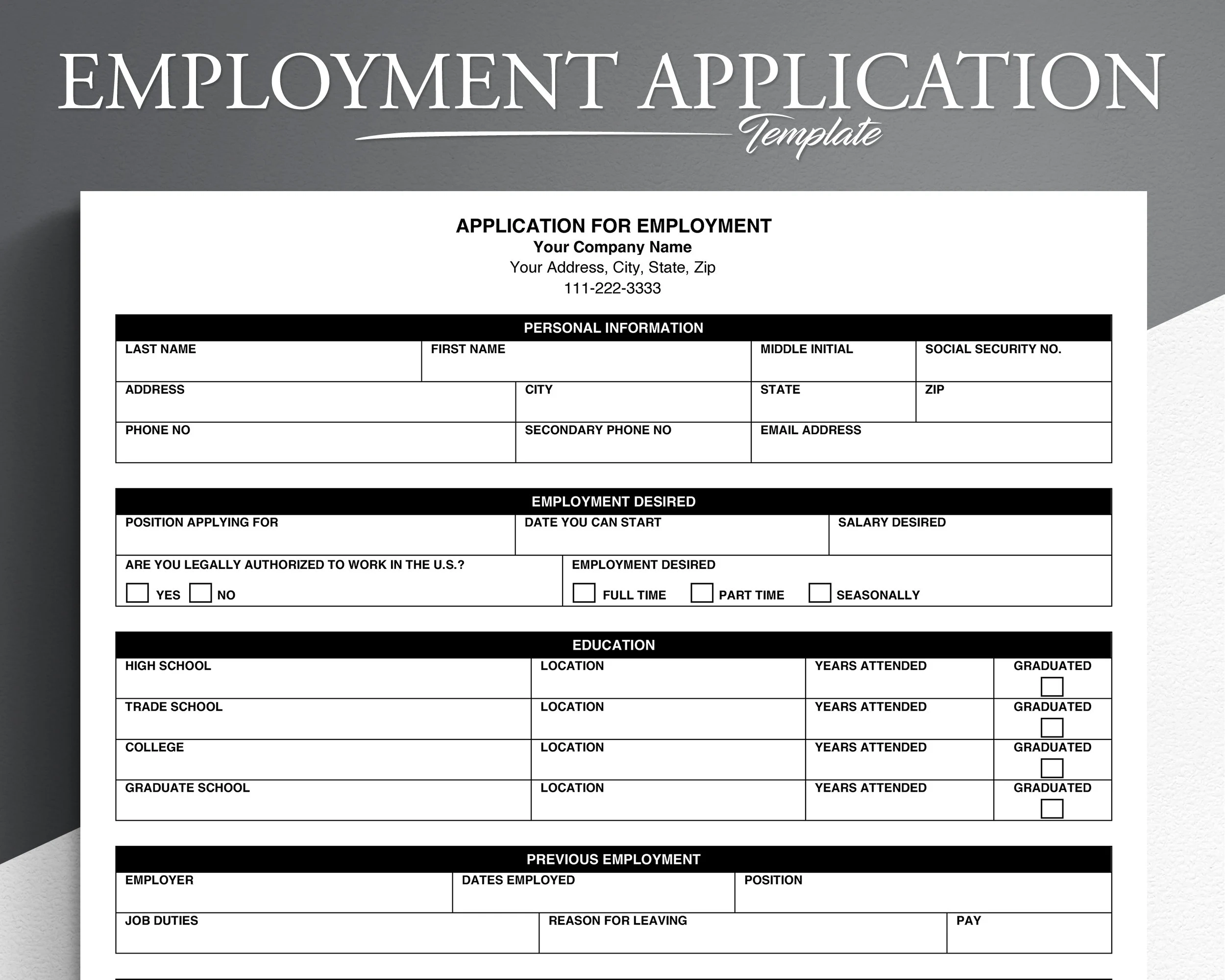 Printable Blank Employment Application Pdf