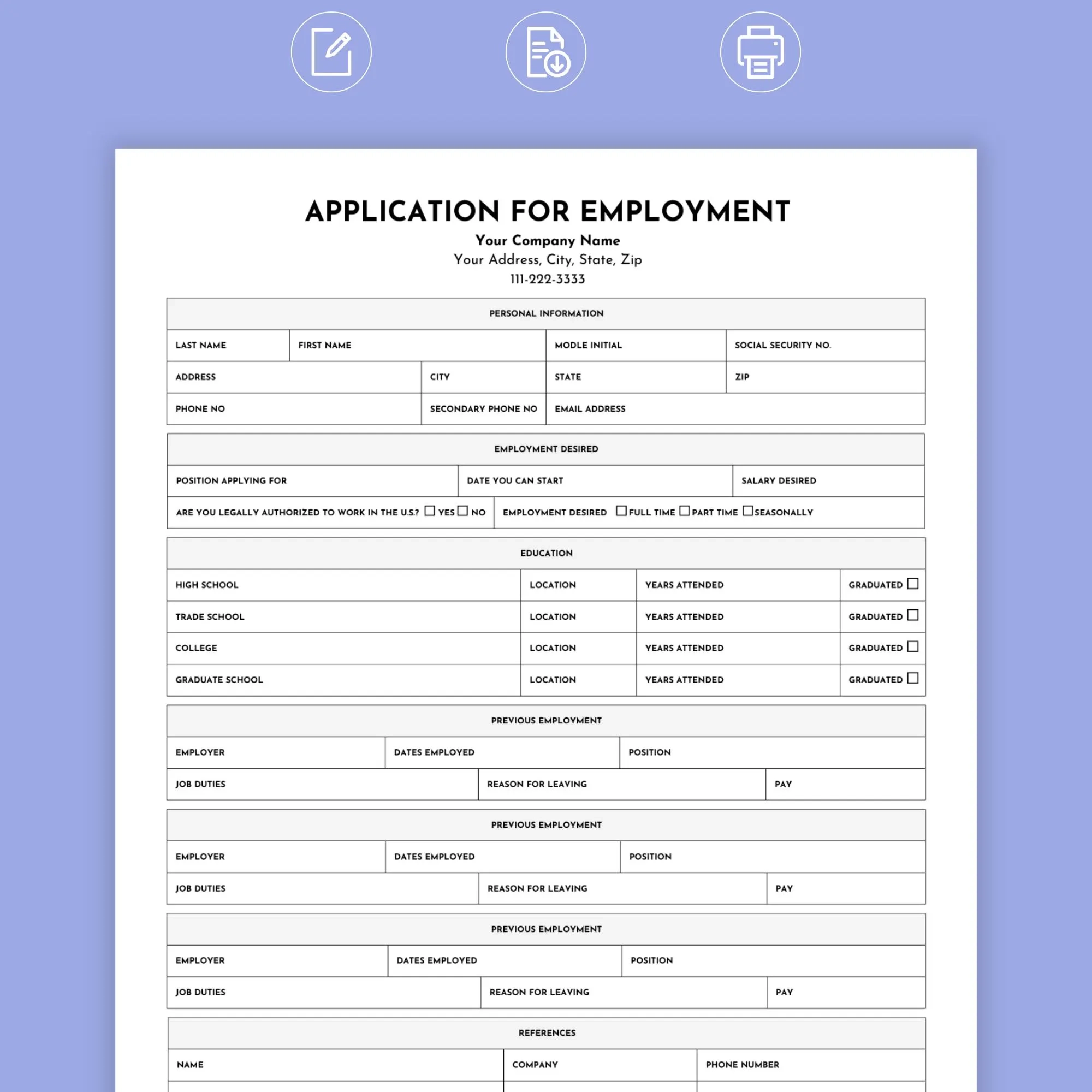 Job Application Template Employment Application Job Application 